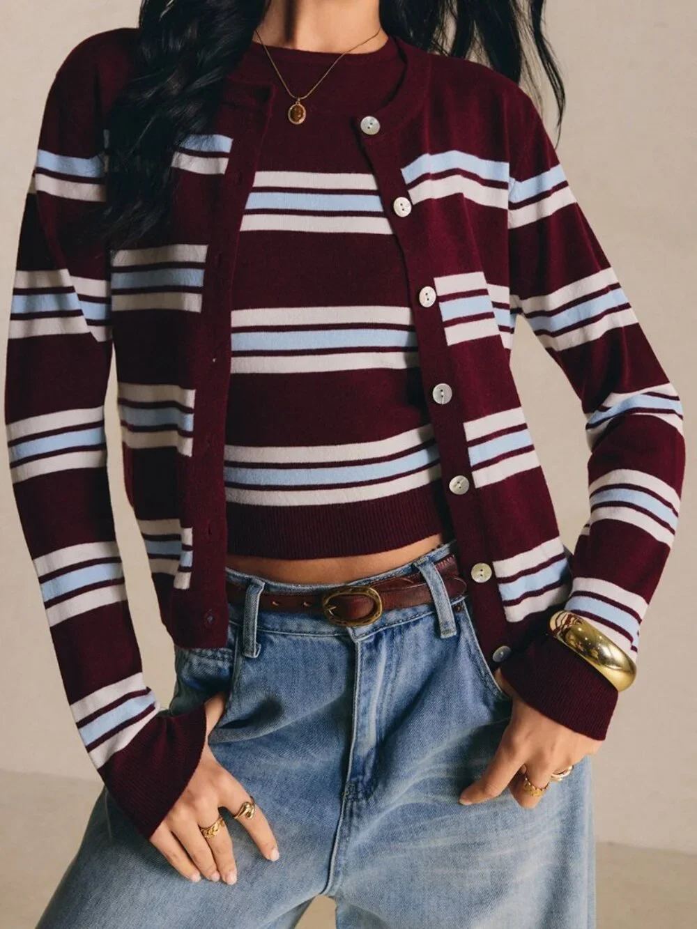 Multicolor Casual Women's Wear Striped Knit Set Round Neck Cardigan And Camisole